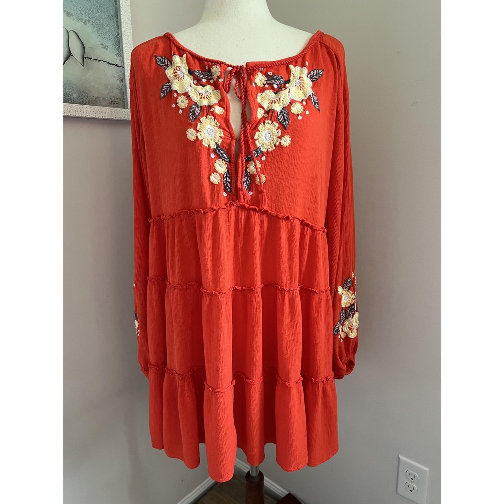 Free People Dress Size Medium Orange Floral Embroidered Mini Balloon Sleeve Boho